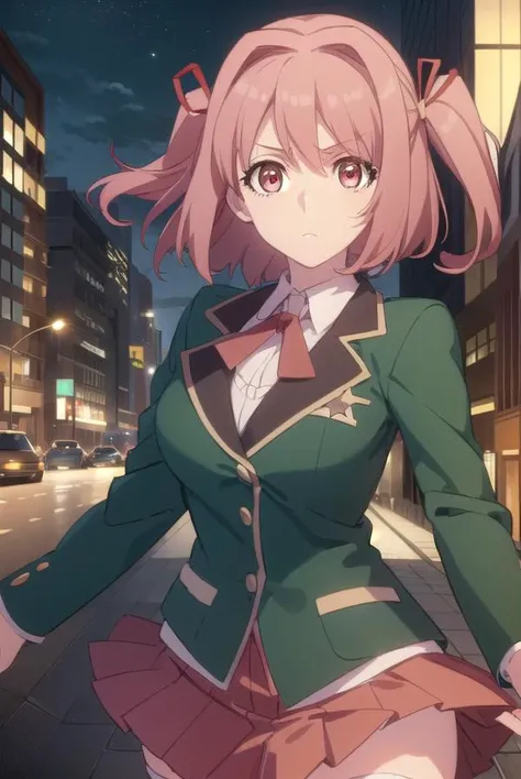 hikayuhoshikawa, <lora:hikayu hoshikawa s1-lora-nochekaiser:1>,
hikayu hoshikawa, short hair, twintails, ribbon, hair ribbon, pink hair, (pink eyes:1.3), two side up,
BREAK skirt, thighhighs, school uniform, jacket, zettai ryouiki, blazer, green blazer, red skirt,
BREAK outdoor, city, night, sky, buildings, moon, clouds,
BREAK looking at viewer, (cowboy shot:1.5),
BREAK <lyco:GoodHands-beta2:1>, (masterpiece:1.2), best quality, high resolution, unity 8k wallpaper, (illustration:0.8), (beautiful detailed eyes:1.6), extremely detailed face, perfect lighting, extremely detailed CG, (perfect hands, perfect anatomy),