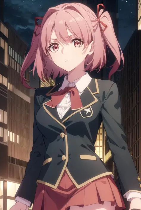 hikayuhoshikawa, <lora:hikayu hoshikawa s1-lora-nochekaiser:1>, 
hikayu hoshikawa, short hair, twintails, ribbon, hair ribbon, pink hair, (pink eyes:1.3), two side up,
BREAK skirt, thighhighs, school uniform, jacket, zettai ryouiki, blazer, green blazer, red skirt,
BREAK outdoor, city, night, sky, buildings, moon, clouds,
BREAK looking at viewer, (cowboy shot:1.5),
BREAK <lyco:GoodHands-beta2:1>, (masterpiece:1.2), best quality, high resolution, unity 8k wallpaper, (illustration:0.8), (beautiful detailed eyes:1.6), extremely detailed face, perfect lighting, extremely detailed CG, (perfect hands, perfect anatomy),