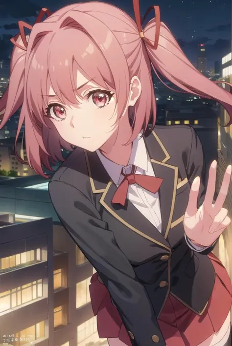 hikayuhoshikawa, <lora:hikayu hoshikawa s1-lora-nochekaiser:1>, 
hikayu hoshikawa, short hair, twintails, ribbon, hair ribbon, pink hair, (pink eyes:1.3), two side up,
BREAK skirt, thighhighs, school uniform, jacket, zettai ryouiki, blazer, green blazer, red skirt,
BREAK outdoor, city, night, sky, buildings, moon, clouds,
BREAK looking at viewer, (cowboy shot:1.5),
BREAK <lyco:GoodHands-beta2:1>, (masterpiece:1.2), best quality, high resolution, unity 8k wallpaper, (illustration:0.8), (beautiful detailed eyes:1.6), extremely detailed face, perfect lighting, extremely detailed CG, (perfect hands, perfect anatomy),