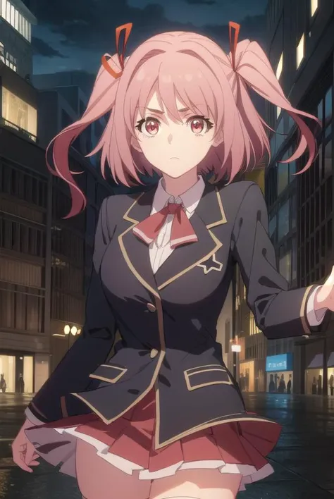 hikayuhoshikawa, <lora:hikayu hoshikawa s1-lora-nochekaiser:1>,
hikayu hoshikawa, short hair, twintails, ribbon, hair ribbon, pink hair, (pink eyes:1.3), two side up,
BREAK skirt, thighhighs, school uniform, jacket, zettai ryouiki, blazer, green blazer, red skirt,
BREAK outdoor, city, night, sky, buildings, moon, clouds,
BREAK looking at viewer, (cowboy shot:1.5),
BREAK <lyco:GoodHands-beta2:1>, (masterpiece:1.2), best quality, high resolution, unity 8k wallpaper, (illustration:0.8), (beautiful detailed eyes:1.6), extremely detailed face, perfect lighting, extremely detailed CG, (perfect hands, perfect anatomy),