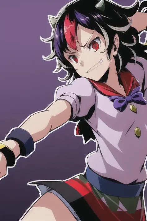 masterpiece, best quality, 1girl, solo, solo focus, (((kijin seija))), horns, red eyes, multicolored hair, (black hair), streaked hair, short hair, red hair, white hair, dress, bow, jewelry, bracelet, white dress, blue bow, puffy short sleeves, puffy sleeves, bowtie, blue bowtie, short sleeves, arrow \(symbol\), white shirt, blue sash, purple bowtie, purple bow, buttons, ribbon trim, multicolored clothes, back bow, sash, sailor collar, red sailor collar, ((smug)), thick outlines, <lora:seijaKijin_seijaKijin:1>, <lora:persona5Style_personastylev1:0.6>,