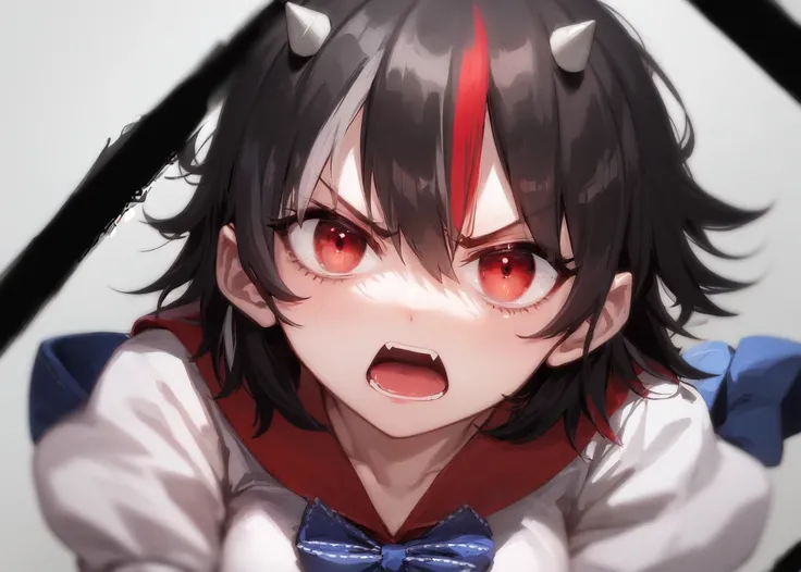 1girl, (kijin seija), breasts, solo, streaked hair, black hair, short hair, multicolored hair, horns, red eyes, (white dress), puffy sleeves, short sleeves, sailor collar, blue bow, close-up, crazy eyes, wide-eyed, constricted pupils, angry, open mouth <lora:char-seija-64:1>