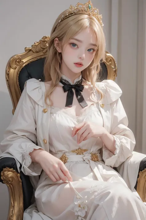 1 swedish girl wearing a royal white furcoat and black lace lingerie, sitting on a golden throne, blush, beautiful face, green eyes, blonde hair, crownbraid tie, golden tiara, flowers, plants, rating_questionable, shiny skin, gold jewelry