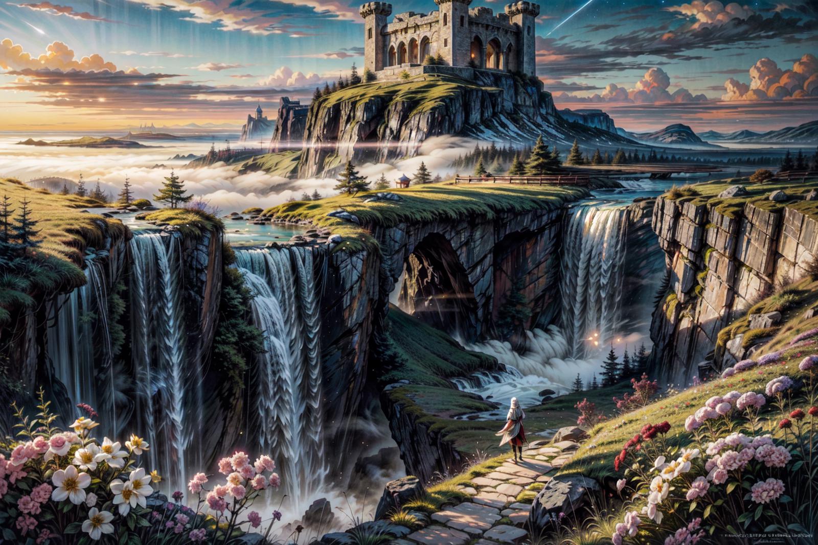 A painting of a castle on a cliff with a waterfall - SeaArt AI