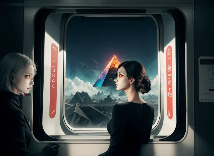 three cornered window, back of head shot of (woman looking out of triangle window:1.1), 3rd person, Looking out the triangular window of a (train:1.1) with triangular windows, triangular windows and triangular, wheels,  in a fantasy world, 
psychedelic, geometric, vivid light, high contrast, triadic colors, dark shadows,  explosions, nuclear mushroom cloud, nuclear explosion, dystopian nightmare, 
(beautiful composition),
21 yo woman,