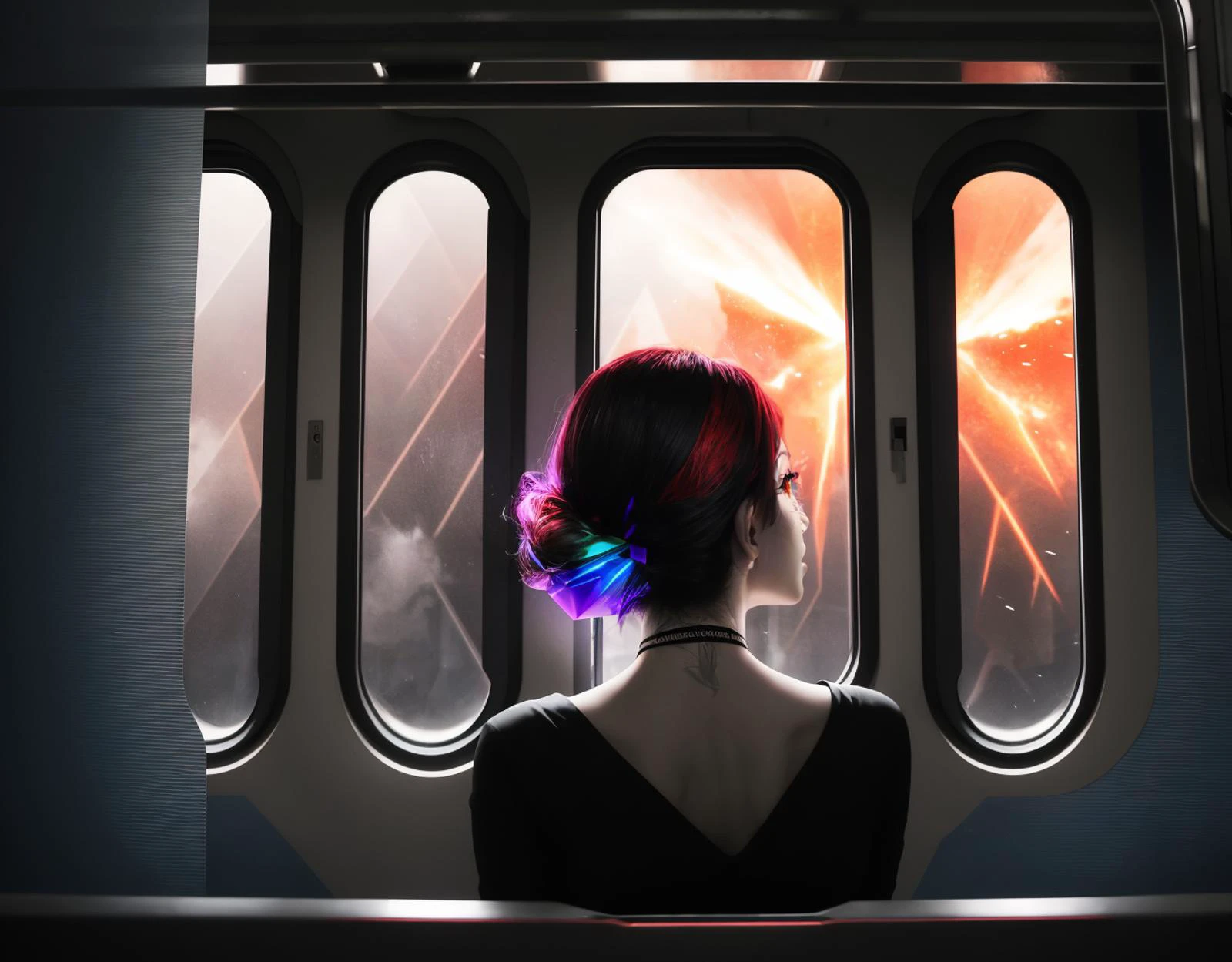 three cornered window, back of head shot of (woman looking out of triangle window:1.1), 3rd person, Looking out the triangular window of a (train:1.1) with triangular windows, triangular windows and triangular, wheels, in a fantasy world,
psychedelic, geometric, vivid light, high contrast, triadic colors, dark shadows, explosions, nuclear mushroom cloud, nuclear explosion, dystopian nightmare,
(beautiful composition),
21 yo woman,