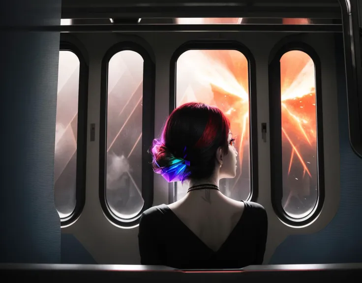 three cornered window, back of head shot of (woman looking out of triangle window:1.1), 3rd person, Looking out the triangular window of a (train:1.1) with triangular windows, triangular windows and triangular, wheels,  in a fantasy world, 
psychedelic, geometric, vivid light, high contrast, triadic colors, dark shadows,  explosions, nuclear mushroom cloud, nuclear explosion, dystopian nightmare, 
(beautiful composition),
21 yo woman,