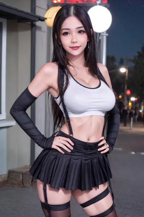 1girl, skirt, tifa lockhart, solo, thighhighs, long hair, navel, breasts, crop top, hand on hip, pleated skirt, earrings, black thighhighs, jewelry, midriff, black hair, white skirt, looking at viewer, brown eyes, toned, blurry, miniskirt, sports bra, tank top, blurry background, white tank top, cowboy shot, standing, night, stomach, bare shoulders, realistic, elbow gloves, zettai ryouiki, bangs, lips, gloves, contrapposto, underwear, outdoors, brown hair, smile, closed mouth, <lora:more_details:0.4>, <lora:tifa_lockhart_offset:1>,<lora:Hana:0.8> Hana, ((large breasts:1.2)), ((natural breasts:1.2)), sagging breasts, ((cleavage:1.2)), <lora:Saya-sagging breasts:0.4>