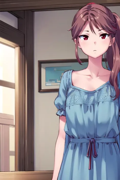 osananajimimei, <lora:osananajimimei-lora-nochekaiser:1>,
osananajimi mei, long hair, brown hair, ponytail, sidelocks, (red eyes:1.5),
BREAK dress, collarbone, blue dress,
BREAK indoors,
BREAK looking at viewer, (cowboy shot:1.5),
BREAK <lyco:GoodHands-beta2:1>, (masterpiece:1.2), best quality, high resolution, unity 8k wallpaper, (illustration:0.8), (beautiful detailed eyes:1.6), extremely detailed face, perfect lighting, extremely detailed CG, (perfect hands, perfect anatomy),