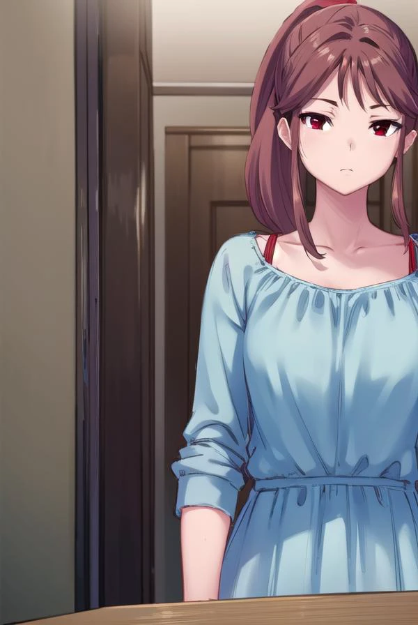 osananajimimei, <lora:osananajimimei-lora-nochekaiser:1>,
osananajimi mei, long hair, brown hair, ponytail, sidelocks, (red eyes:1.5),
BREAK dress, collarbone, blue dress,
BREAK indoors,
BREAK looking at viewer, (cowboy shot:1.5),
BREAK <lyco:GoodHands-beta2:1>, (masterpiece:1.2), best quality, high resolution, unity 8k wallpaper, (illustration:0.8), (beautiful detailed eyes:1.6), extremely detailed face, perfect lighting, extremely detailed CG, (perfect hands, perfect anatomy),