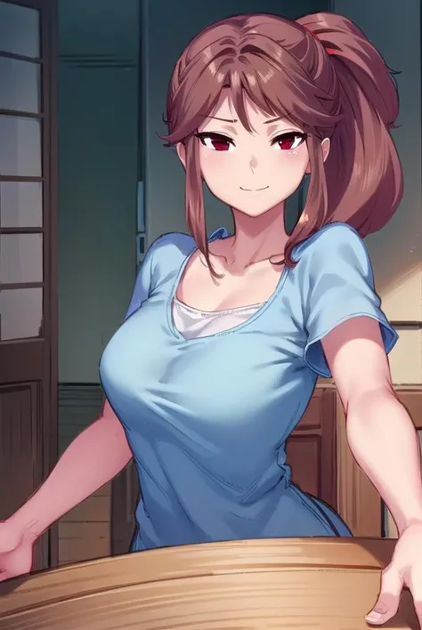 Pink apron, shirtless, exposed tits, 1 girl, brown eyes, brunette hair