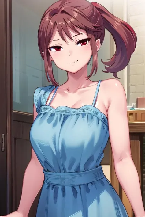 osananajimimei, <lora:osananajimimei-lora-nochekaiser:1>,
osananajimi mei, long hair, brown hair, ponytail, sidelocks, (red eyes:1.5), <lora:sensualface_type3:0.8>, smile,
BREAK dress, collarbone, blue dress,
BREAK indoors,
BREAK looking at viewer, (cowboy shot:1.5),
BREAK <lyco:GoodHands-beta2:1>, (masterpiece:1.2), best quality, high resolution, unity 8k wallpaper, (illustration:0.8), (beautiful detailed eyes:1.6), extremely detailed face, perfect lighting, extremely detailed CG, (perfect hands, perfect anatomy),