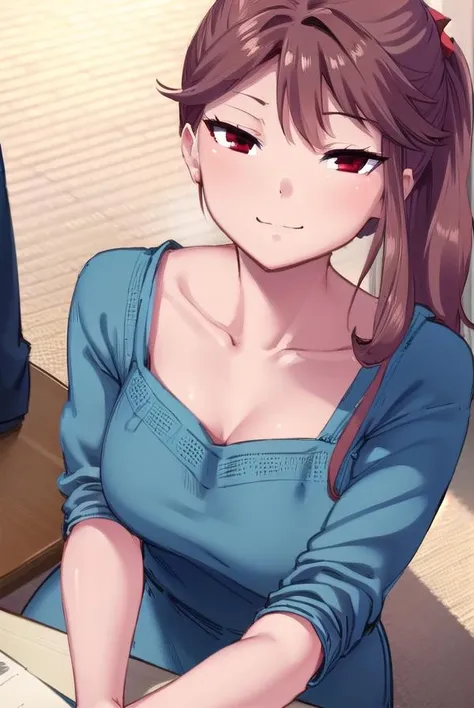 osananajimimei, <lora:osananajimimei-lora-nochekaiser:1>,
osananajimi mei, long hair, brown hair, ponytail, sidelocks, (red eyes:1.5), <lora:sensualface_type3:0.8>, smile,
BREAK dress, collarbone, blue dress,
BREAK indoors,
BREAK looking at viewer, (cowboy shot:1.5),
BREAK <lyco:GoodHands-beta2:1>, (masterpiece:1.2), best quality, high resolution, unity 8k wallpaper, (illustration:0.8), (beautiful detailed eyes:1.6), extremely detailed face, perfect lighting, extremely detailed CG, (perfect hands, perfect anatomy),