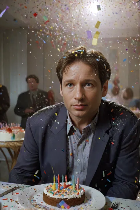 foxmulder, at a party, face, confetti in his hair, cake on the table in front of him, plates, cutlery, lights,
<lora:FoxMulder:1>