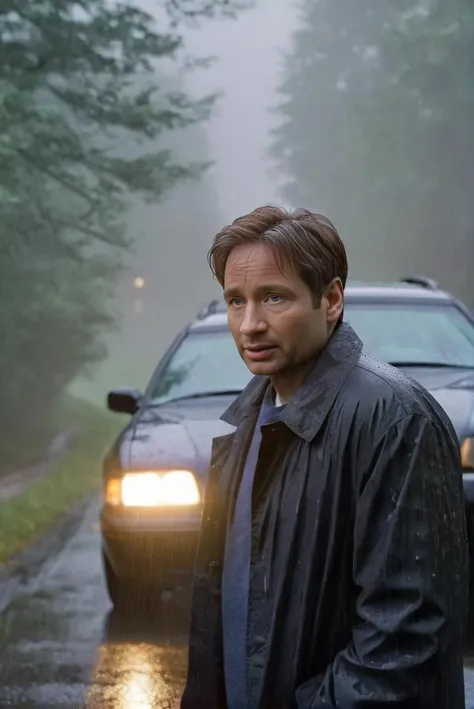 foxmulder standing in the rain in front of a car with the headlights on, looking for clues, outside on a road, nature, trees, fog, misty, highly detailed, realistic,
<lora:FoxMulder:1>