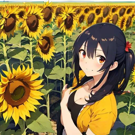 1girl, woman, anime, Ukraine, Vyshyvanka, happy, wheat, sky, sun, cleavage, holding sunflower