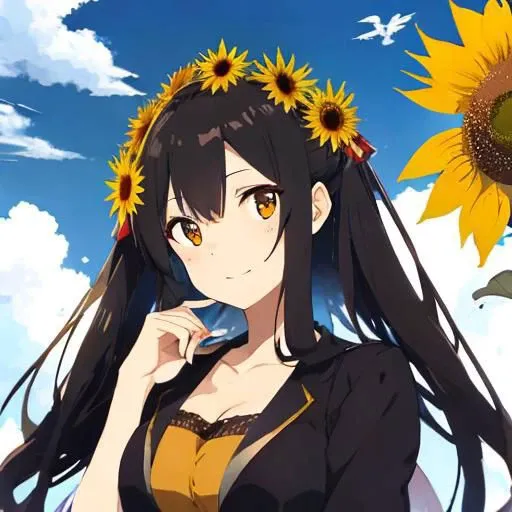 1girl, woman, anime, Ukraine, Vyshyvanka, happy, wheat, sky, sun, cleavage, holding sunflower