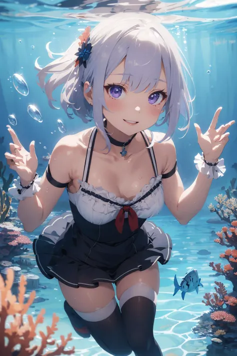 masterpiece, best quality, extremely detailed, detailed background, detailed face, blunt bangs, 1girl, jellyfish, underwater, solo, purple eyes, coral, white hair, smile, short hair, bubble, looking at viewer, bare shoulders, fish, frills, breasts, air bubble, wrist cuffs, hair ornament, dress, thighhighs, leotard, closed mouth, white thighhighs, water, small breasts, swimsuit, collarbone, hand up