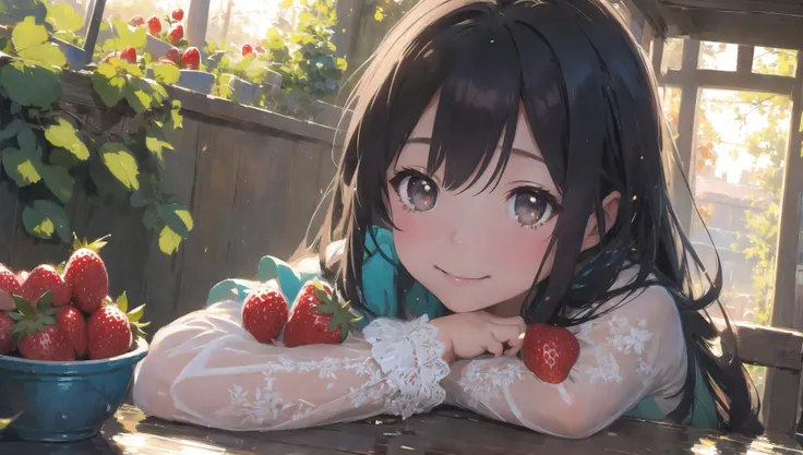 photo RAW,(masterpiece, cinematic quality, Pino Daeni concept art, Jeremy Mann, close-up, girl, smile, joy, anime, in strawberry garden, ripe strawberries, sunlight, fun, dynamic light, cartoon style, digital painting, high quality, 8K, HDR, Ultra-HD, Black orange and teal_green colors),masterpiece, best quality, highly detailed, soft lighting, beautiful detailed, insanely intricate details, intricate details, perfect lighting, incredible detail, hypermaximalistic, natural balance color, 8k, ultra detailed, beautiful and aesthetic, extremely detailed, elegant, vivid colours, atmospheric