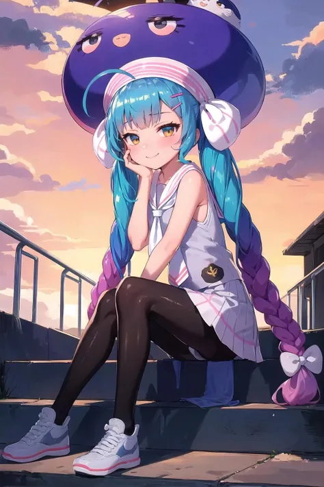 <lora:una_AdamW_Dim64:1>,otomachi una,hat,ahoge, hair bow, hair ribbon, hairclip, twin braids,sailor dress,gradient dress,neckerchief,sleeveless,black pantyhose,light smile, sneakers, sitting, hand on own cheek, stairs, outdoors, looking at viewer, from side, orange sky, sunset, backlighting, cloud, gradient sky,