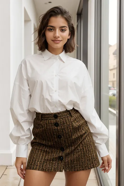A woman in a white shirt and brown skirt posing for a picture - SeaArt AI