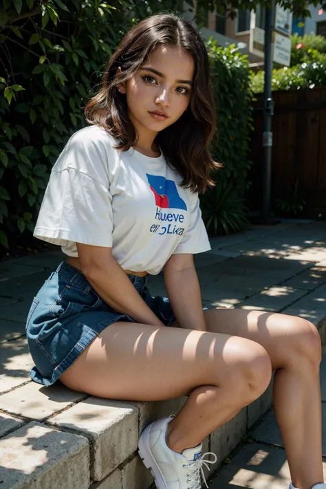 Trileg, teenage girl with three legs, age 18, sitting outside of her school, casual shirt, skirt, curvy legs, sneakers, Irish, crossed legs,