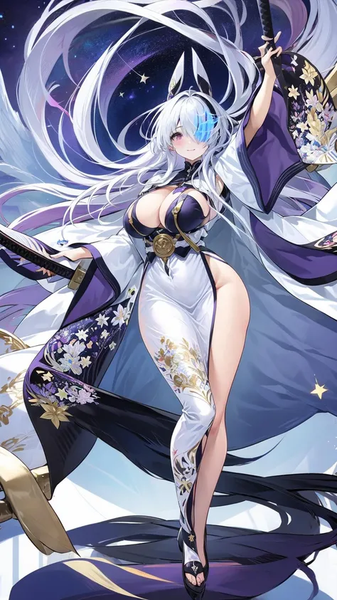 1girl, sword, katana, weapon, breasts, long hair, sheath, solo, zoom layer, looking at viewer, purple eyes, unsheathing, large breasts, holding, wide sleeves, japanese clothes, holding sword, full body, hair ornament, cleavage, thighs, white dress, mole, long sleeves, very long hair, gloves, white hair, bangs, sheathed, black footwear, coatfull body, night sky, dark, stars, starry sky, milky way, lights, light particles, fairy, standing, <lora:ijnUnzenV1.0:0.8>, ijnunzen, one eye covered, smile, blushed