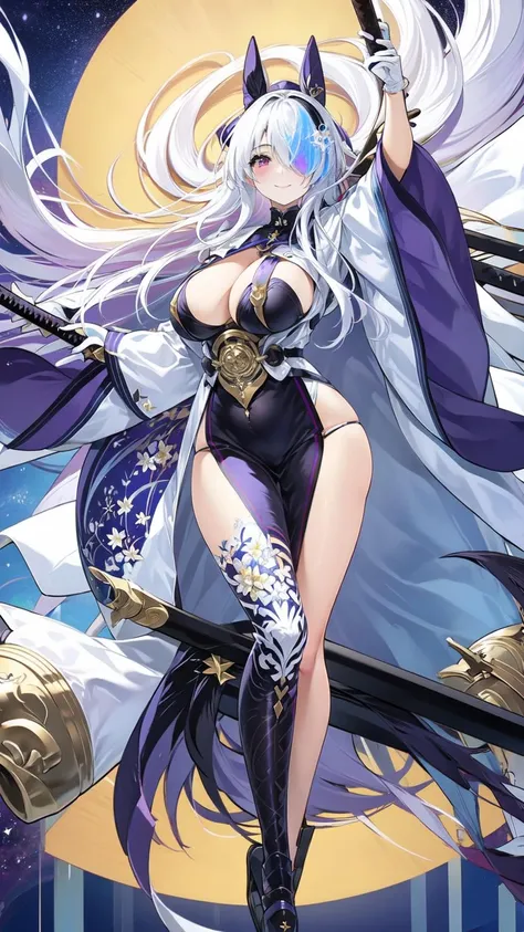 1girl, sword, katana, weapon, breasts, long hair, sheath, solo, zoom layer, looking at viewer, purple eyes, unsheathing, large breasts, holding, wide sleeves, japanese clothes, holding sword, full body, hair ornament, cleavage, thighs, white dress, mole, long sleeves, very long hair, gloves, white hair, bangs, sheathed, black footwear, coatfull body, night sky, dark, stars, starry sky, milky way, lights, light particles, fairy, standing, <lora:ijnUnzenV1.0:0.8>, ijnunzen, one eye covered, smile, blushed