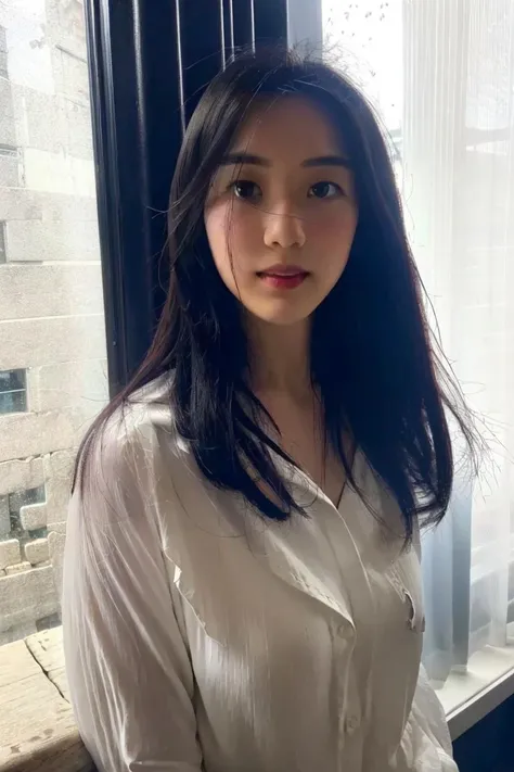 light from left,1girl, looking at viewer, long hair, white shirt, upper body, best quality, masterpiece, sunlight, shining in through the window,shade,strong contrast,large light ratio,sunlight, <lora:yulijun:0.8>