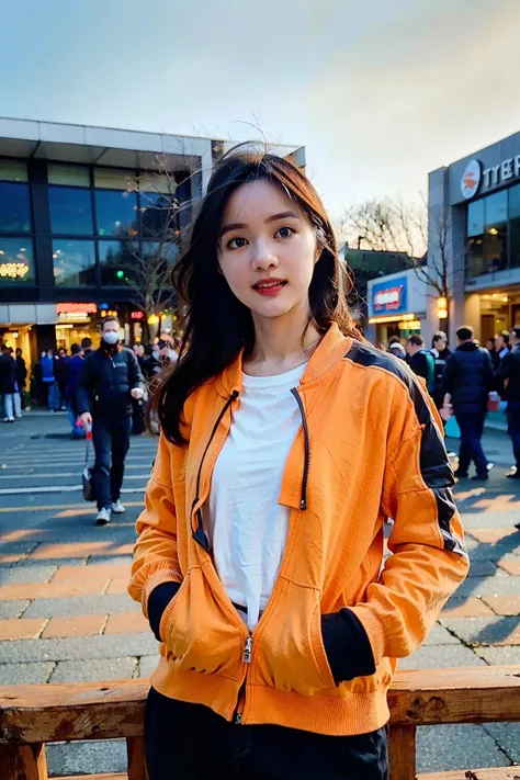 (RAW photo, best quality), (realistic, photo-realistic:1.30),girly,solo,1girl,detailed eyes,hair decoration,trendy expression,jacket,top,pants,(style:1.5),outdoors,mall,clothes,detailed background,(blue and orange tone impression:1.3), soft lighting,gorgeous light and shadow ,stunning environment, hyperdetailed, (aestheticism), ethereal, golden hour, <lora:yulijun:0.8>