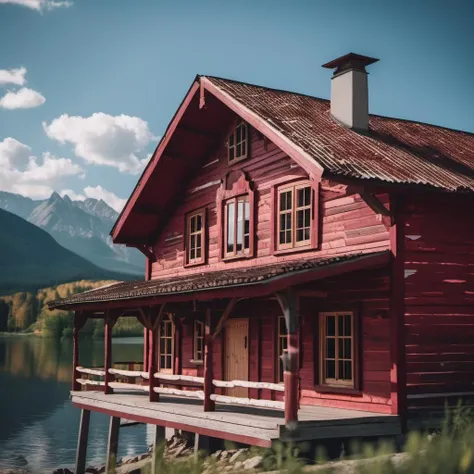 cinematic photo vista, archviz photo of (wooden country house:1.3) by the river, roof unpainted wood, woodplank texture, painted red with weathered cracking flaking peeling paint, showing wood, background rocky mountains
<lora:Woodplank-SDXL:0.5> . 35mm photograph, film, bokeh, professional, 4k, highly detailed