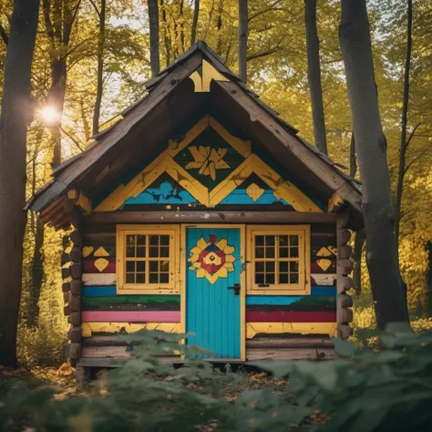cinematic photo vista, archviz photo of  (wooden hut:1.3) in oak forest, roof unpainted wood, woodplank colourful abstract signs paintwork texture, weathered cracking peeling paint, showing wood, golden hour
    <lora:Woodplank-SDXL:0.7> . 35mm photograph, film, bokeh, professional, 4k, highly detailed