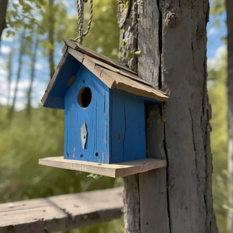 cinematic photo archviz sharp focused photo (rustical wooden bird-house:1.2) simple background, with woodplank pbr texture, painted blue with weathered cracking flaking peeling paint, showing wood <lora:Woodplank-SDXL:0.7> . 35mm photograph, film, bokeh, professional, 4k, highly detailed