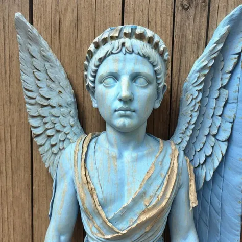 photo (sculpture beautiful angel bust:1.2) (wearing roman toga cloth garment:1.2), on pedestal, woodplank texture, painted blue with weathered cracking flaking peeling paint, showing wood <lora:woodplank-2:0.35>