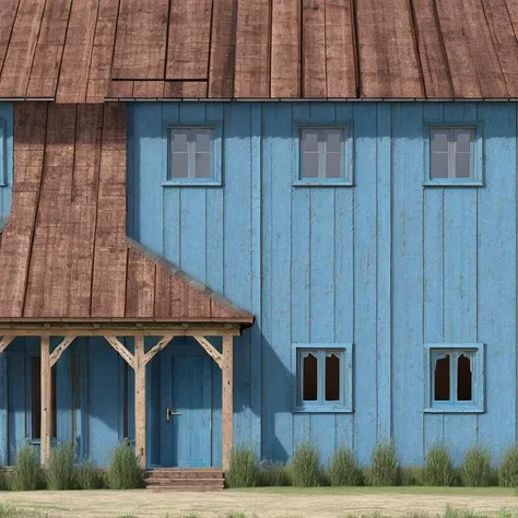 archviz photo (wooden country house:1.2), woodplank texture, painted blue with weathered cracking flaking peeling paint, showing wood <lora:woodplank-2:0.3>