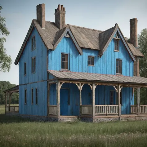 archviz photo (wooden country house:1.2), woodplank texture, painted blue with weathered cracking flaking peeling paint, showing wood <lora:woodplank-2:0.3>