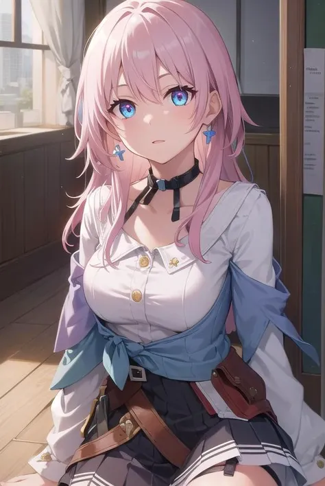 marchseventh, <lyco:marchseventh-lyco-nochekaiser:1>,
march seventh, blue eyes, hair between eyes, medium hair, pink eyes, pink hair, two-tone eyes,
BREAK ankle boots, archery shooting glove, badge, bare legs, black choker, black corset, black footwear, black gloves, blue jacket, blue skirt, boots, button badge, buttons, choker, collarbone, corset, earrings, flower ornament, gloves, high heel boots, high heels, jacket, jewelry, long sleeves, miniskirt, partially fingerless gloves, pleated skirt, shirt, single earring, single glove, skirt, thigh strap, tied jacket, underbust, white shirt
BREAK looking at viewer,
BREAK indoors, classroom,
BREAK <lyco:GoodHands-beta2:1>, (masterpiece:1.2), best quality, high resolution, unity 8k wallpaper, (illustration:0.8), (beautiful detailed eyes:1.6), extremely detailed face, perfect lighting, extremely detailed CG, (perfect hands, perfect anatomy),