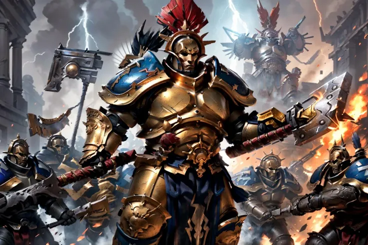 mature adult, illustration, of (stormcast, helmet mask, helm, red plume, :1.3), full armor, full metal armor, wearing intricate ornamented metal armor, helmet,
solo, (male:1.2), epic, full metal armor, white pelvic curtain, bronze trimmings, tall stature, muscular,
((battle, war:1.3))
<lora:tool - Elixir:0.5> <lora:Stormcast Eternals MK1 by CCARAXESS:0.8>