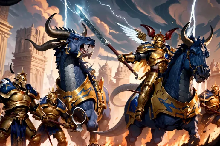 Generate a stunning art style, a true [masterpiece] [best quality] of art. The image showcases [detailed linework], [dynamic shading], and [dramatic lighting], bringing to life a [dreading atmosphere, grim dark coloures] . In the background a [gothic desert hive spire pyramids),  city, warhammer 40k, demons] is to be seen in [grand:1.8, high-scale:1.8, panorama:1.8] from [from below]. A [((thunder storm:1.2)), midnight, horror ambiance] is raging. (group of rubricis), [full body view, standing ]. He is holding a[sword]. He is wearing a[stunning full armor, mask] with [bird-skull ornaments, glowing eyes, armor, helm details,  gold detail armor, armor detail, metal trimmings].
<lora:Ahzek Ahriman MK1 by CARAXES:0.8>