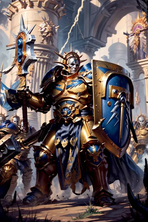oil painting, illustration,
stormcast , lord-castellants,
full armor, full face helmet, full metal armor, wearing intricate ornamented metal armor and mask, epic, full metal armor, blue pelvic curtain, bronze trimmings, tall stature, muscular, golden helmet with spikes, armor, full armor, mask, helmet mask, horned helmet
stormcast, army, battle, fighting, war, holding, weapon, multiple boys, horns, sword, cloud, cape, holding weapon, holding hammer, warhammer, helmet, shield, 6+boys, lantern,
<lora:tool - Elixir:0.5> <lora:Stormcast Eternals MK1 by CCARAXESS:0.8> <lora:artstyle - SydMead_style:0.5> <lora:tool - more_details:0.3> <lora:tool - add_detail:0.3> <lyco:cosmetic - UnlimitedBladeWorks1.6:0.5>