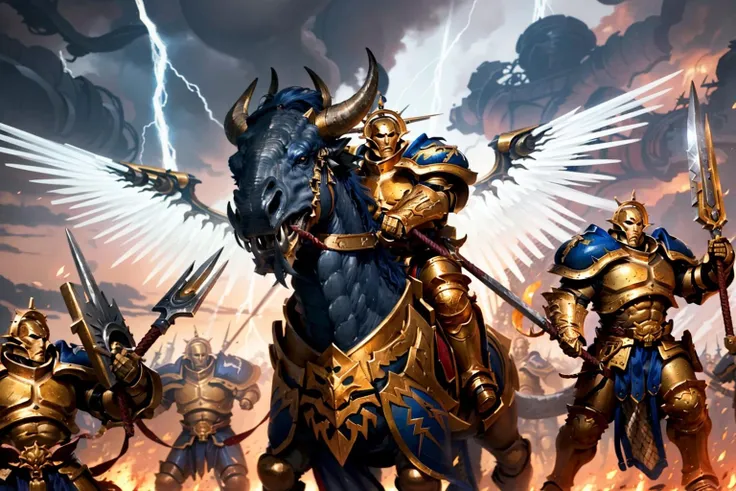mature adult, illustration, of stormcast , liberator, full armor, full face helmet, full metal armor, wearing intricate ornamented metal armor and mask,
epic, full metal armor, blue pelvic curtain, bronze trimmings, tall stature, muscular, golden helmet with spikes,
stormcast, army, battle, fighting, war, holding, weapon, multiple boys, wings, horns, sword, cloud, cape, holding weapon, armor, full armor, mask, helmet mask, holding sword, helmet, polearm, 6+boys, shield, spear, bow \(weapon\), dragon, riding, axe, horse, lightning, horned helmet
<lora:tool - Elixir:0.5> <lora:Stormcast Eternals MK1 by CCARAXESS:0.8>