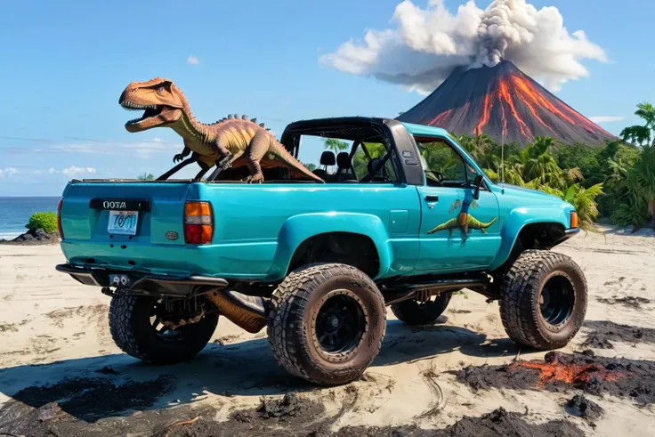 4runner1, motor vehicle with (dinosaur:2.9) in the back seat, (quartering away view), (cyan:1.9) body, lifted, modified, topper off, blue sky, driving on the (beach:0.8), (ocean0.8), (sunset:0.8)8k, uhd, dslr, perfect focus, erupting (volcano:1.8), lava, (dinosaurs:1.5) <lora:4runner1_SDXL_v1:0.8> <lora:xl_more_art-full_v1:1.0>