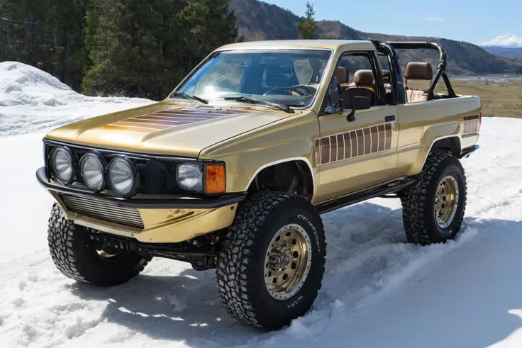 4runner1, (quartering in view), ((metallic gold) body), lifted, modified, topper off, chrome stock spoke wheels, (chrome) grill, blue sky, driving (up) (mountains), ((deep snow):1.9), 8k, uhd, dslr, perfect focus, brown sr5 stripes <lora:4runner1_SDXL_v1:0.8> <lora:xl_more_art-full_v1:0.1>