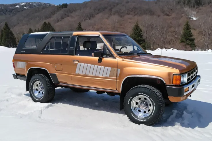 4runner1, (quartering in view), ((copper) body), ((black topper):1.8), ((chrome stock spoke wheels):1.9), blue sky, driving (up) (mountains), ((deep snow):1.9), 8k, uhd, dslr, perfect focus, brown sr5 stripes <lora:4runner1_SDXL_v1:0.8> <lora:xl_more_art-full_v1:0.8>