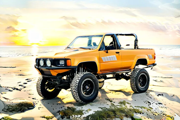 4runner1, motor vehicle, (side view), (orange:0.9) body, lifted, modified, topper off, driving on the (beach:0.8), ((sailor's sunset):1.4), (ocean0.8), 8k, uhd, dslr, perfect focus, gray sr5 stripes <lora:4runner1_SDXL_v1:0.8> <lora:xl_more_art-full_v1:1.8>