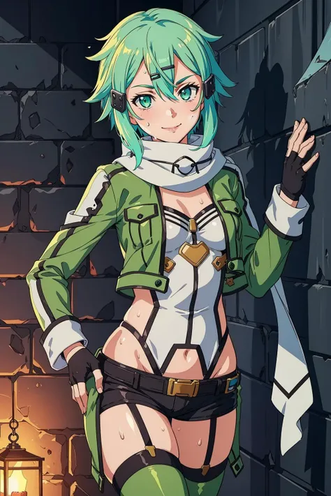 at a dungeon, dark dungeon, prison cell, sinon1, scarf, fingerless gloves, long sleeves, short shorts, hair ornament, hairclip, green thighhighs, green jacket, thigh strap, <lora:sinon_v5:0.65>, teasing face, undressing, hot, sweat, looking at viewer, light smile