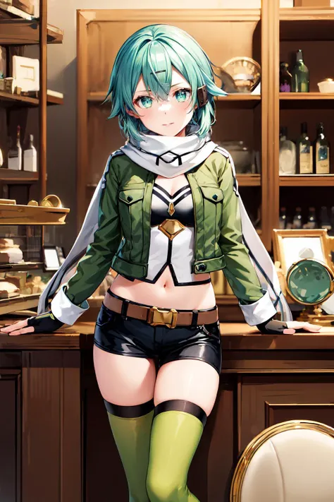 at a dungeon, dark dungeon, prison cell, sinon1, scarf, fingerless gloves, long sleeves, short shorts, hair ornament, hairclip, green thighhighs, green jacket, thigh strap, <lora:sinon_v5:0.65>, teasing face, undressing, hot, seat, pussy juices, looking at viewer
