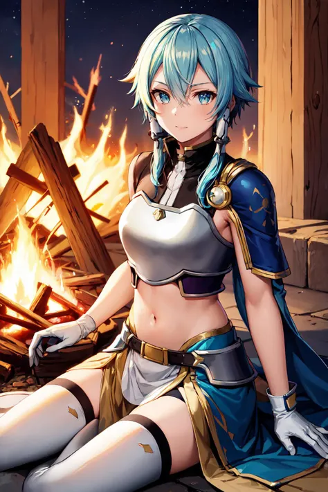 masterpiece, best quality, highres, 
sinon1, white gloves, thighhighs, pelvic curtain, short hair with long locks, hair between eyes, sidelocks, breastplate, shoulder armor, blue armor, <lora:sinon_v5:0.65>
, midriff, sexy, hot,campfire, crackling flames, cozy warmth, nighttime ambiance, looking at viewer, <lora:add_detail:0.5>