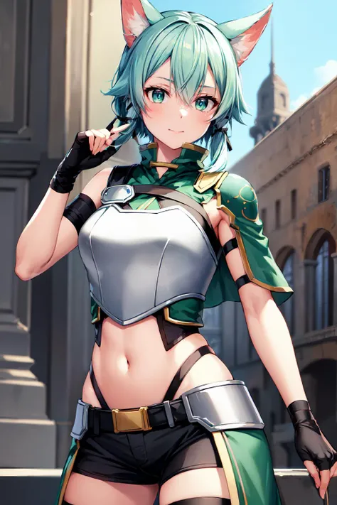 ((green hair)), highly detailed face and eyes, (short hair), jewelry, hairband, long pointy ears, anime, masterpiece, textured skin, (super detail), award winning, (best quality), elf, in forest, Sunbeams filtering through the trees, (tank top), whole body, beautiful legs, eyeball, tsurime