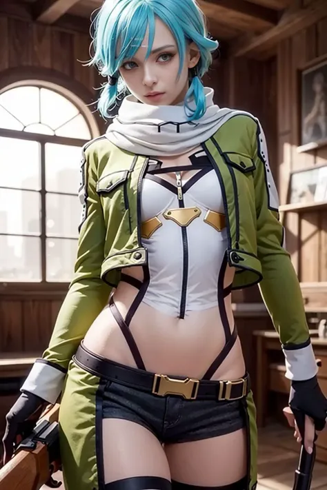 8k, real picture, intricate details, ultra-detailed,(photorealistic), pale skin, close-up,
<lora:sinon:1.0> sinon1, scarf, fingerless gloves, long sleeves, short shorts, hair ornament, hairclip, green thighhighs, green jacket, thigh strap, holding weapon, sniper rifle,